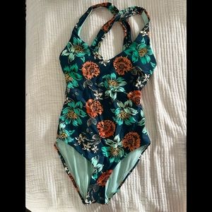 Prana X back bathing suit  and skye tropical print bikini top